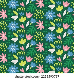 Seamless cute vector floral pattern with flowers, plants, branches, leaves, nature