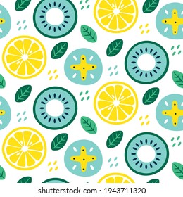 Nahtlose, süße Vektorfloralsommer mit FrüchteZitrone, Kiwi, Blumen, Pflanzen, Blättern
