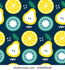 Seamless cute vector floral summer pattern with fruits pear, lemon, kiwi, leaves