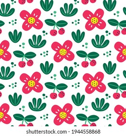 Seamless cute vector floral summer pattern with flowers, plants, cherry, leaves