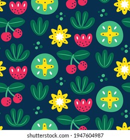 Seamless cute vector floral summer pattern with flowers, plants, cherry, leaves
