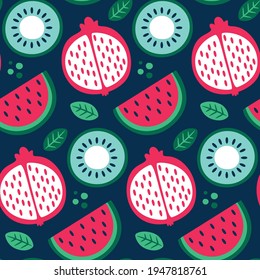 Impresionante vectorial vectorial de verano floral con sandía, granate, frutas kiwi, hojas
