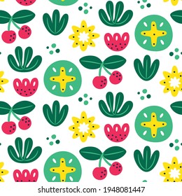 Impresionante patrón vectorial de verano floral sin foco con flores, plantas, cerezas, hojas