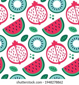 Impresionante vectorial vectorial de verano floral con sandía, granate, frutas kiwi, hojas