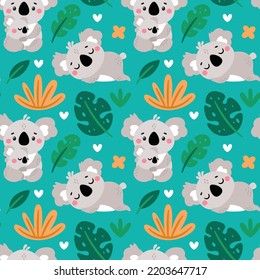 Seamless cute vector floral tropical pattern with koalas, leaves, plants, branches and flowers