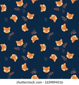 Seamless cute vector illustration of a Fox. Head of an orange Fox on a dark background. Good printing, fabrics, Wallpaper, decorations.