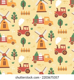 Seamless cute vector kids pattern with farm, cars, truck, tractor, mill, fence, trees, plants