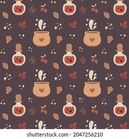 Seamless cute vector magical autumn pattern with leaves, berries, branches, plants, magic pot, bubble, wings, stars