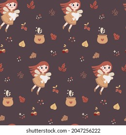 Seamless cute vector magical fairy-tale pattern with tooth fairy, fabulous fairies characters, autumn leaves, berries, branches, plants, magic pot, bubble, wings, stars