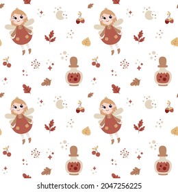 Seamless cute vector magical fairy-tale pattern with tooth fairy, fabulous fairies characters, autumn leaves, berries, branches, plants, magic pot, bubble, wings, stars