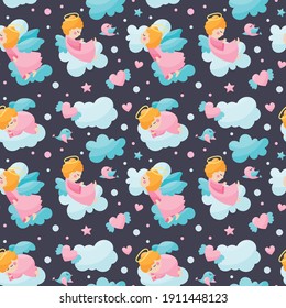 Seamless cute vector pattern with baby angels characters with wings, cloud, heart, star for kids. Baby textile, nursery art, valentine's day