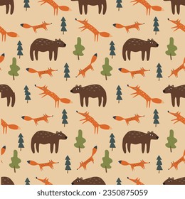 Seamless cute vector pattern bears foxes forest for printing and fabric