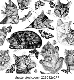 Seamless cute vector pattern different linear cats and butterflies in engraving style