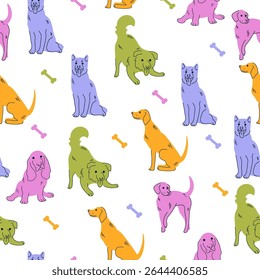 Seamless cute vector pattern with dogs of different breeds. Illustration. Vector art. Doodle style. Art in children's flat style on a white background