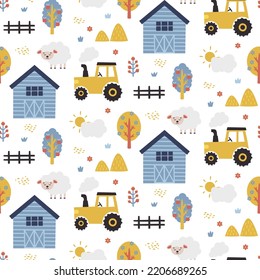 Seamless Cute Vector Pattern With Farm, Car, Tree, Plant, House, Truck, Tractor, Bag, Fence, Hillock, Hill, Shed, Haystack