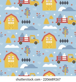 Seamless Cute Vector Pattern With Farm, Car, Tree, Plant, House, Truck, Tractor, Bag, Fence, Hillock, Hill, Shed, Haystack