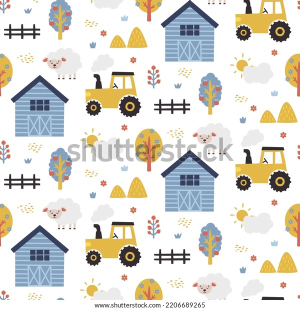 Seamless cute vector pattern with farm, car,\
tree, plant, house, truck, tractor, bag, fence, hillock, hill,\
shed, haystack