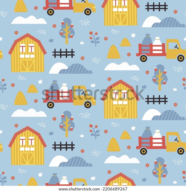 Seamless cute vector pattern with farm, car,\
tree, plant, house, truck, tractor, bag, fence, hillock, hill,\
shed, haystack