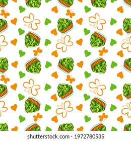 Seamless cute vector pattern with green cake butterfly and hearts. Isolated elements on white background. Print for napkins, 
kitchen textiles, tablecloth, wrapping paper