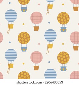 Seamless cute vector pattern with hot air balloons in the sky