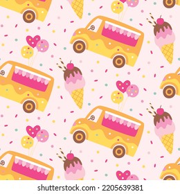 Seamless cute vector pattern with ice cream, ice cream van, car, popsicle, sweets, candy, air balloon
