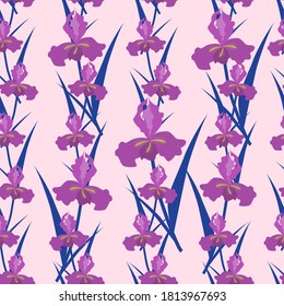 Seamless cute vector pattern with iris flowers. Botanical background