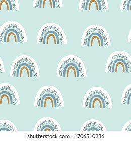 Seamless cute vector pattern for kids, children, baby. Rainbow, clouds, moon, and stars background. Scandinavian style for fabric, wallpaper, clothes, swaddles, apparel, planner, sticker