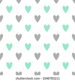 Seamless cute vector pattern with light gray and turquoise hearts isolated on white background