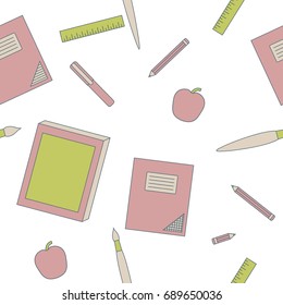 Seamless cute vector pattern. Various isolated school attributes in pink, green and beige colors on white background. Pencil, book, notebook, apple, ruler, pen, brush. Back to school theme.