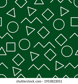 Seamless cute vector pattern with white geometric shapes on dark green background 