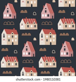 Seamless cute vector scandinavian pattern with small tiny houses in boho style