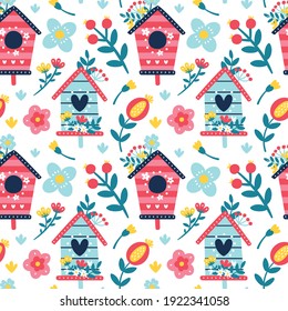 Seamless cute vector spring floral pattern with bird house, bird, flowers, plants, branches, berries, leaves, nature