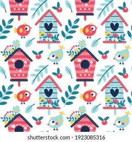 Seamless cute vector spring floral pattern with bird houses, bird, flowers, plants, branches, berries, leaves