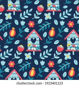 Seamless cute vector spring floral pattern with bird house, flowers, plants, branches, berries, leaves, nature