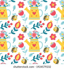 Seamless cute vector spring floral pattern with watering can, flower pot, bouquet, flowers, plants, branches, berries, leaves, bee