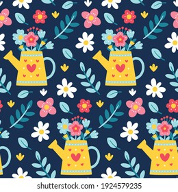 Seamless cute vector spring floral pattern with watering can, flower pot, bouquet, flowers, plants, branches, berries, leaves