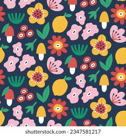 Impermeable vectorial sin foco patrón floral primavera con flores, plantas, ramas, bayas, hojas, naturaleza, hongos