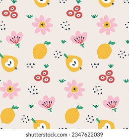 Seamless cute vector spring floral pattern with flowers, plants, branches, berries, leaves, nature, pear, lemon