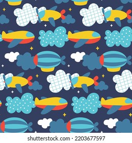 Seamless cute vector transport pattern with  airship, airplane, clouds