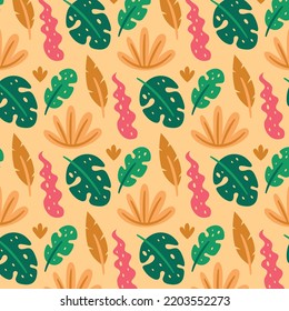 Seamless cute vector tropical floral pattern with flowers, plants, branches, leaves, nature