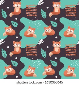 Seamless cute vector wild pattern with foxes, leaves, plants, graphic elements
