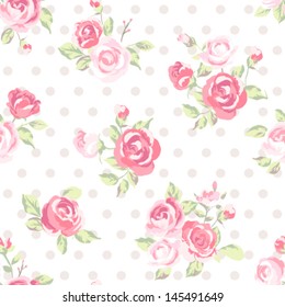 seamless cute vintage rose ,flower pattern vector with dots background