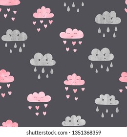 Seamless cute watercolor clouds pattern. Vector baby print.