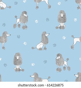 Seamless cute watercolor poodles dogs pattern. Vector background for kids.