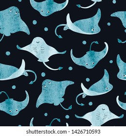 Seamless cute watercolor stingray pattern. Vector marine background with manta rays.