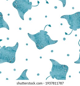 Seamless cute watercolor stingray pattern. Vector fish background with manta rays