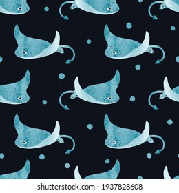 Seamless cute watercolor stingray pattern. Vector fish background with manta rays