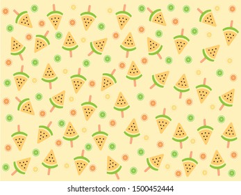 Seamless cute watermelon ice cream with tropical fruits (Orange ,Lime) pattern on yellow background design for backdrop ,wallpaper ,poster ,postcard and cover book.Summer concept.Vector.