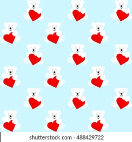 Seamless cute white bear with heart on blue background - stock vector