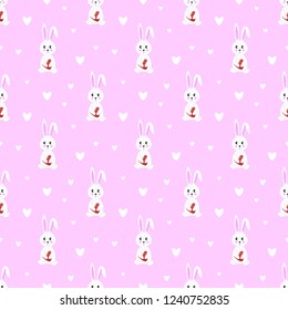 seamless cute white bunny rabbit in hippie style pattern vector illustration.pink background.